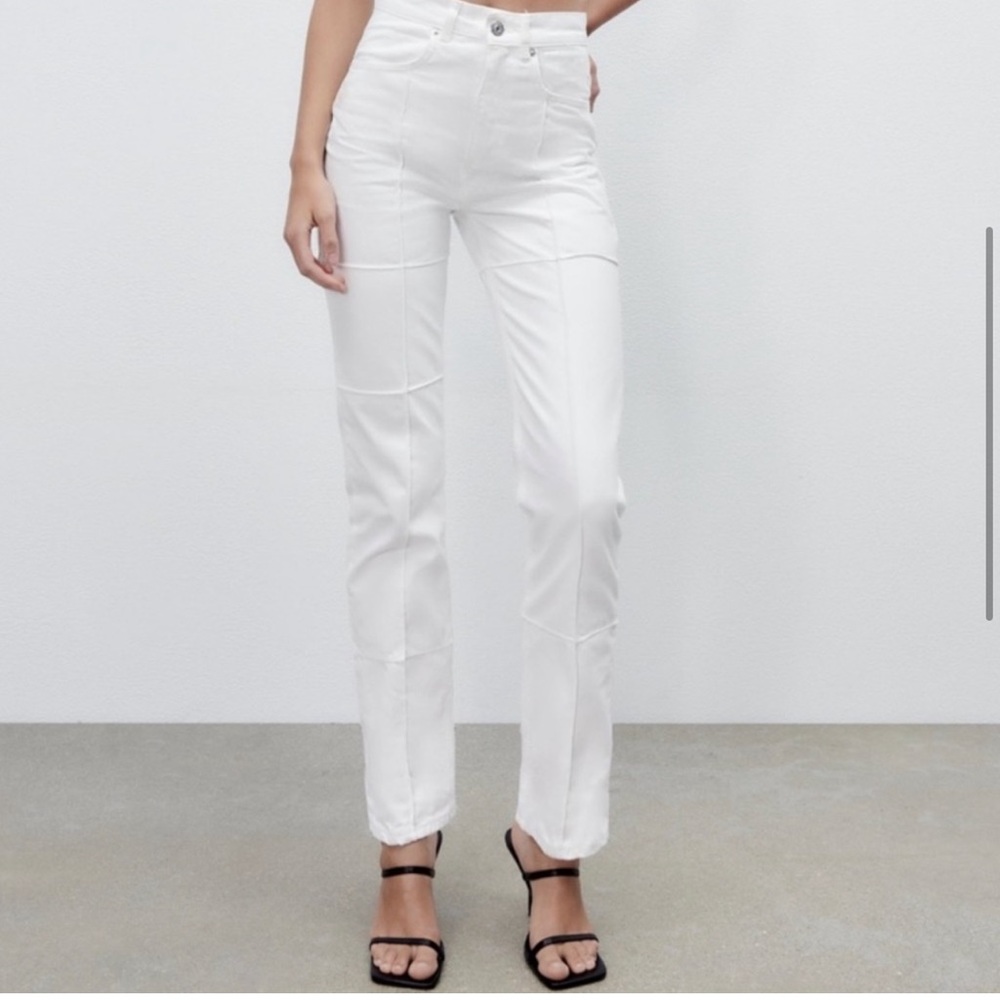 zara patchwork straight leg white jeans